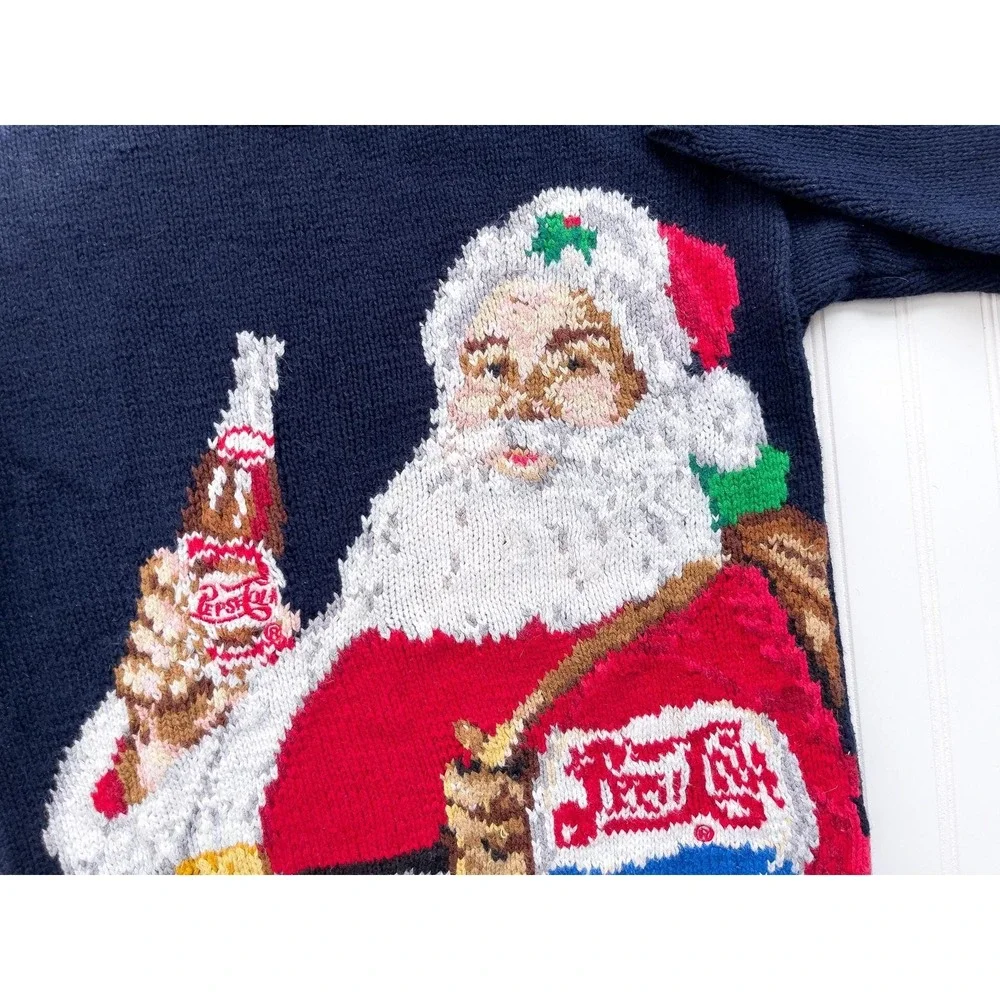 vtg Eagle's Eye Christmas Pepsi Santa hand knit sweater‎ size S